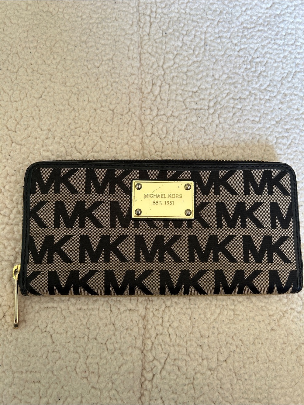 Michael Kors Black & Beige MK Logo Zip Wallet with Gold Plaque